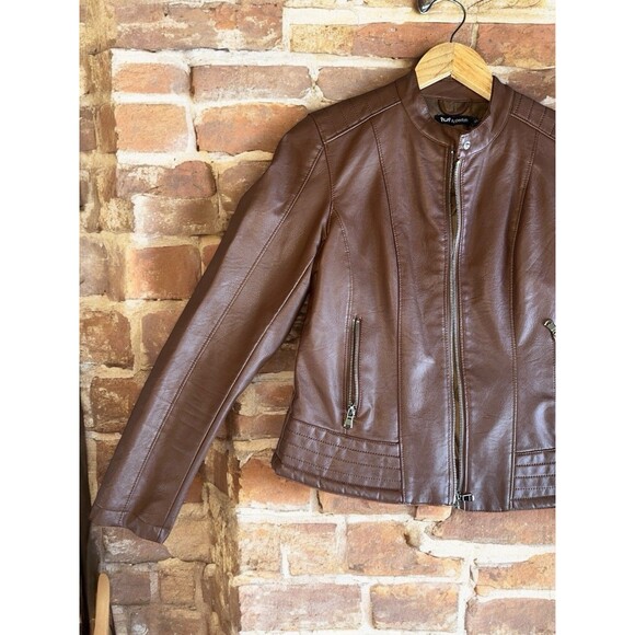 Brown Faux Leather Moto Jacket Womens Small Biker Elena Gilbert Vampire Diaries - Picture 1 of 16